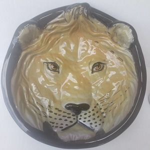Lion Head Dish Bowl Vintage 3D Ceramic Hand Painted 10" Heavy